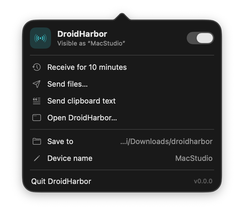 The DroidHarbor menu-bar popover with Receiving switched on, showing quick actions and the save folder.