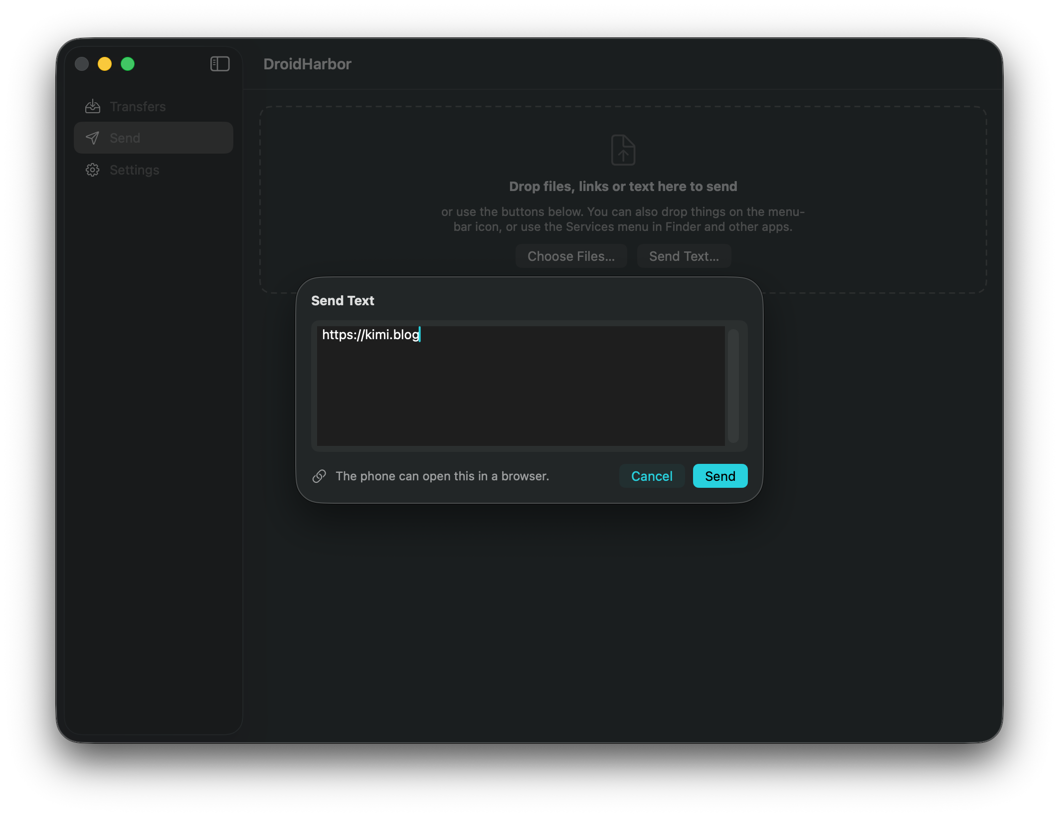 The Send Text sheet in DroidHarbor with a URL typed in and a hint saying the phone can open it in a browser.