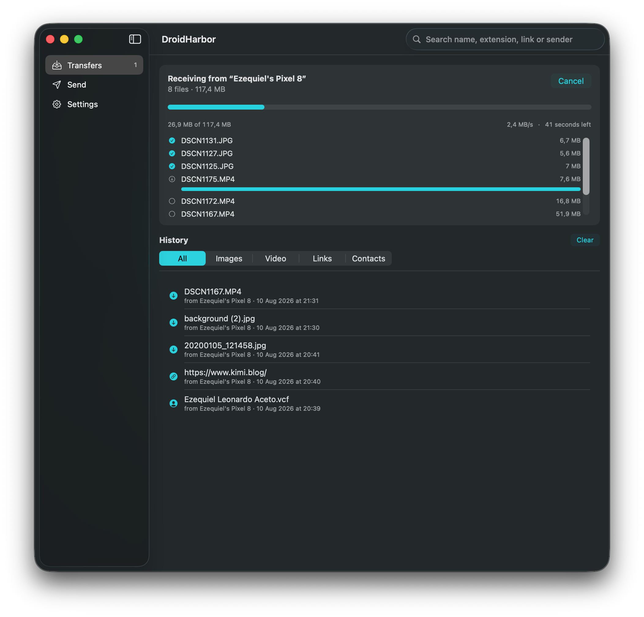DroidHarbor receiving eight files, showing overall progress with speed and time remaining, and each file marked done, in progress or waiting.