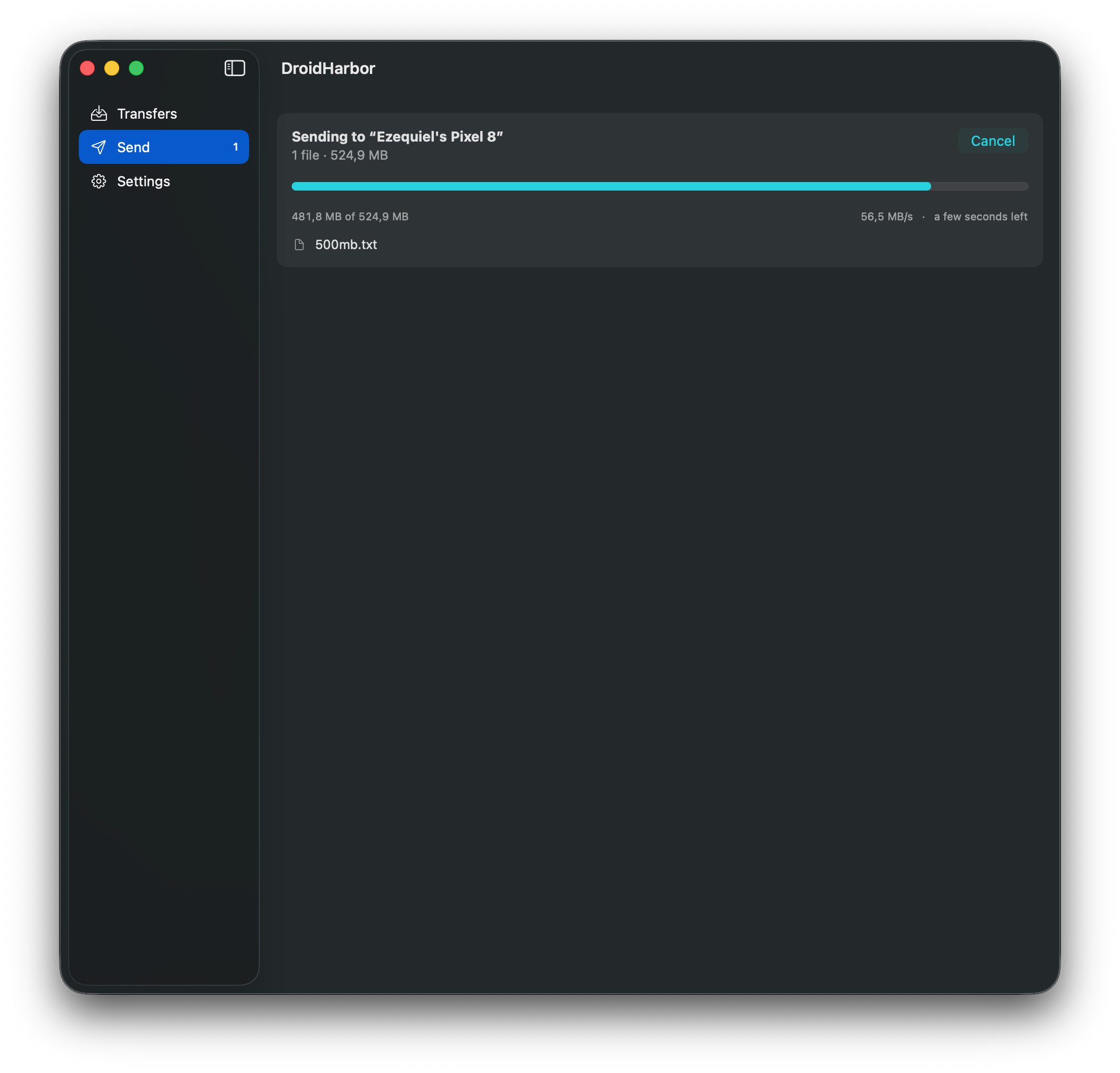 DroidHarbor sending a 524.9 MB file to a Pixel 8, showing progress and a Cancel button.