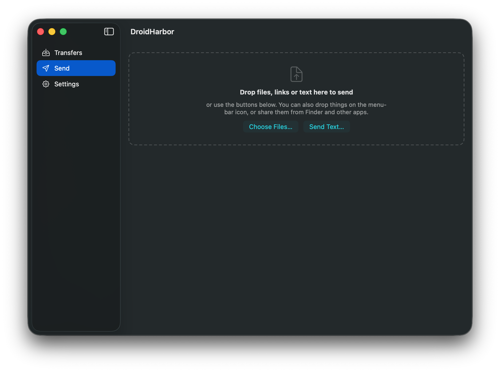 The Send tab of DroidHarbor with a drop zone and a list of nearby Android devices.