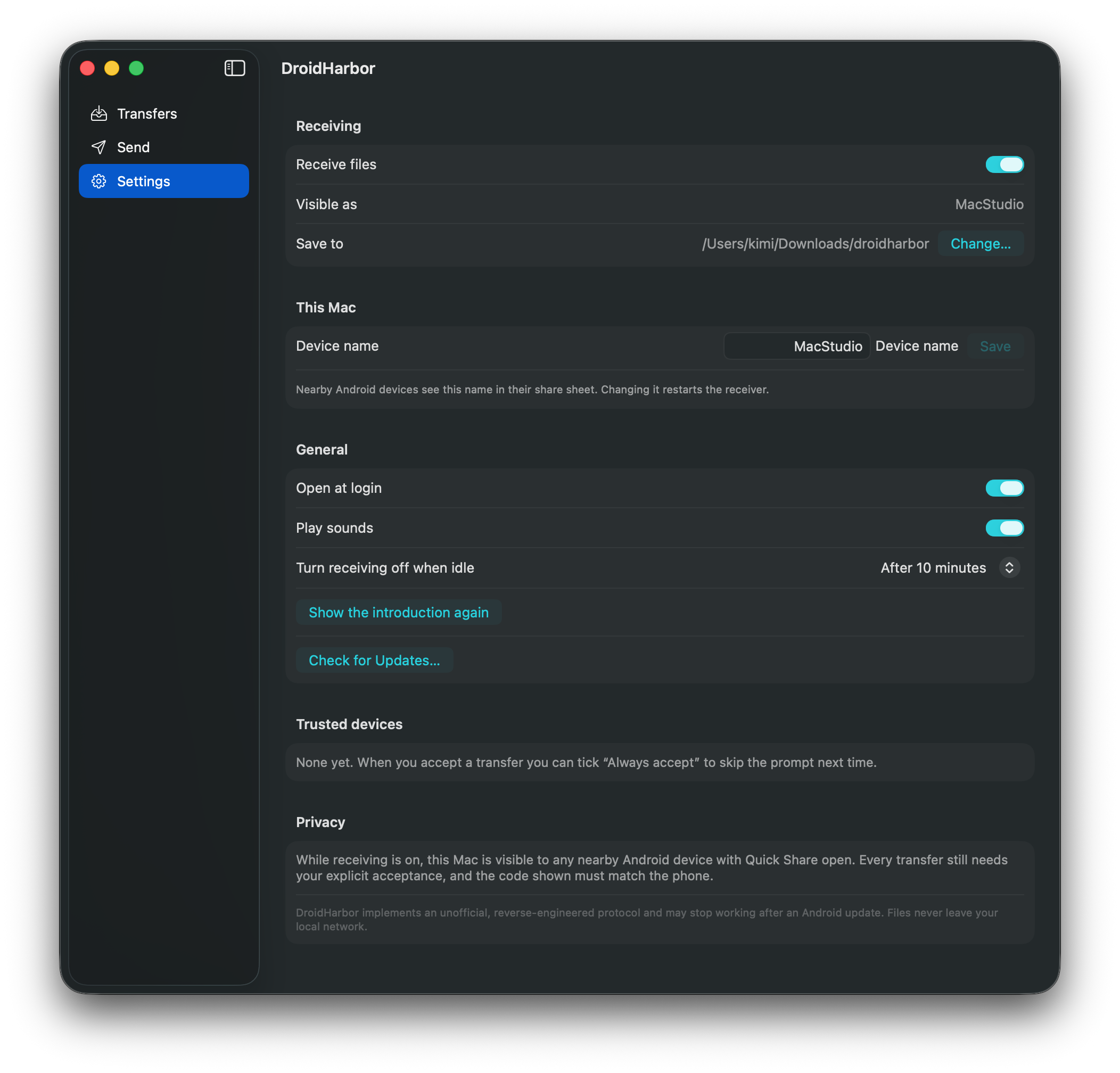 The Settings tab of DroidHarbor showing device name, save folder, idle timeout, notifications and trusted devices.